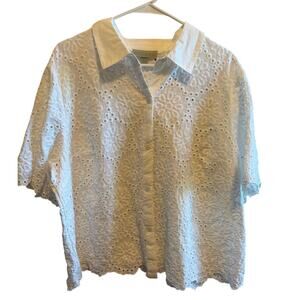 Ryegrass Cotton White Eyelet Button Up Blouse Shirt Women's Plus Size 2X